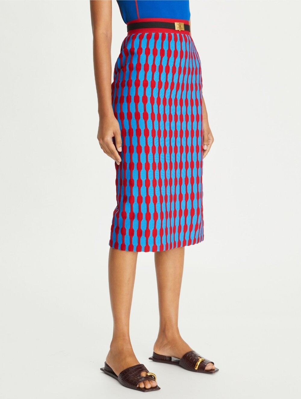 LIKE NEW Tory Burch Red & Blue Bubble Stripe Midi Skirt Size Small